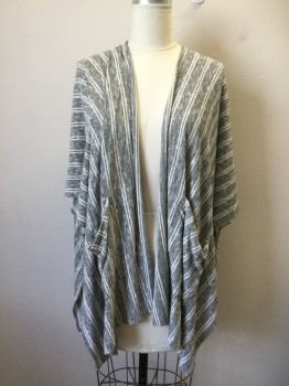 Womens, Sweater, SATURDAY, Gray, White, Synthetic, Heathered, Stripes - Vertical , O/S, Short Sleeves, No Closures, 2 Pockets, Shawl Tacked at Sides to Make Sleeves, Poncho, Unstructured