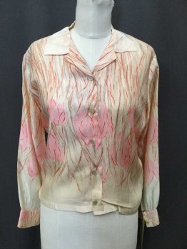 Womens, Blouse, Em See, Peach Orange, Pink, Red, Tan Brown, Cream, Polyester, Floral, 34, Long Sleeves, Button Front, Collar Attached,  Pink Tulip Floral Print