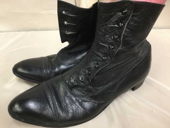 Black, Leather, Solid, Ankle High, Cap Toe, Button Side, 1" Stack Heel Worn Irregularly, Aged/Distressed But Clean