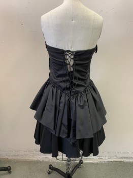 SUSAN ROSELLI, Black, Synthetic, Solid, Prom/Party Dress, Strapless, V Shaped Bodice, Two Tier Flounce Skirts,  Side Zipper, Hook and Eye Closure, Lace Up Back,