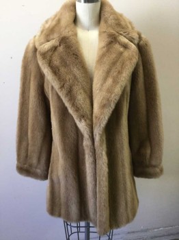 Womens, Fur, COUNTRY PACER, Beige, Fur, Silk, Solid, S, Beige Fur, Long Sleeves, Wide Notched Collar, Open Center Front, Light Brown Silk Lining