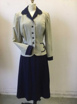 Womens, 1940s Vintage, Suit, Jacket, NL, Cream, Navy Blue, Wool, Viscose, Grid , Solid, B34, Navy Grid on Cream Wool Background with Navy Collar and Lapel and Navy Trim at Novelty Front with Navy Buttons. Single Breasted, Fitted at Waist.turned Up Navy Cuffs