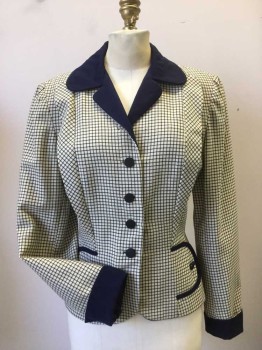 Womens, 1940s Vintage, Suit, Jacket, NL, Cream, Navy Blue, Wool, Viscose, Grid , Solid, B34, Navy Grid on Cream Wool Background with Navy Collar and Lapel and Navy Trim at Novelty Front with Navy Buttons. Single Breasted, Fitted at Waist.turned Up Navy Cuffs