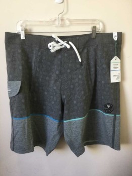 Mens, Swim Trunks, VISSLA, Gray, Lt Gray, Aqua Blue, Blue, Polyester, Cotton, Geometric, Color Blocking, W:38, Board Shorts, Gray with Light Gray Spirals/Circles Pattern, Horizontal Blue and Aqua Stripes on Each Leg with Lighter Gray Striped Panel at Bottom 6" of Hem, Velcro Fly, White Cord Laces at Waist, 9.5" Inseam