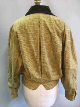 IN WEAR, Mustard Yellow, Black, Cotton, Houndstooth, Dark Brown Corduroy Collar, Zip Chest Pockets, Zip Front, Pleats at Waist, Back Center Pleat, Tiny Houndstooth Print, Shoulder Pads, Batwing Sleeves