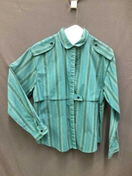 DVF, Turquoise Blue, Red, Yellow, Black, Blue, Cotton, Stripes, Long Sleeves, Collar Attached, Button Down Tabs at Shoulders, Designer Vent Front Yoke, Hidden Button Placet with Single Extended Tab Center Front,