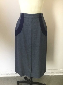 Womens, Skirt, N/L, Navy Blue, Lt Blue, Wool, Birds Eye Weave, H:36, W:26, Navy/Light Blue Birdseye with Solid Navy Curved Panels at Either Side of Waist, Vertical 1/2" Wide Pleat From Center Front Waist to Hem, with Navy Embroidered Triangle Detail and Vent at Hem, Side Zipper, Hem Below Knee, Made To Order Reproduction