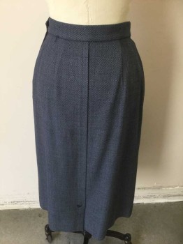 Womens, Skirt, N/L, Navy Blue, Lt Blue, Wool, Birds Eye Weave, H:36, W:26, Navy/Light Blue Birdseye with Solid Navy Curved Panels at Either Side of Waist, Vertical 1/2" Wide Pleat From Center Front Waist to Hem, with Navy Embroidered Triangle Detail and Vent at Hem, Side Zipper, Hem Below Knee, Made To Order Reproduction
