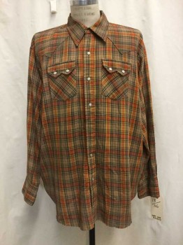 Mens, Western Shirt, DEE CEE , Lt Brown, Dk Brown, Orange, Yellow, Synthetic, Plaid, 36, 18, Snap Front, Collar Attached, 2 Flap Pockets