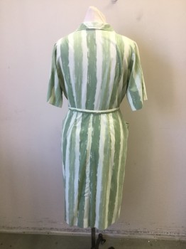MARY ROBERTS, Sage Green, Mint Green, Poly/Cotton, Stripes, Novelty Vertical Stripe Printed Poly Cotton. Button Placet Front, Novelty Shaped Collar, Short Sleeves, 2 Pockets, with Self Belt