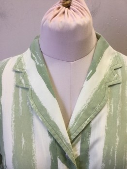 MARY ROBERTS, Sage Green, Mint Green, Poly/Cotton, Stripes, Novelty Vertical Stripe Printed Poly Cotton. Button Placet Front, Novelty Shaped Collar, Short Sleeves, 2 Pockets, with Self Belt