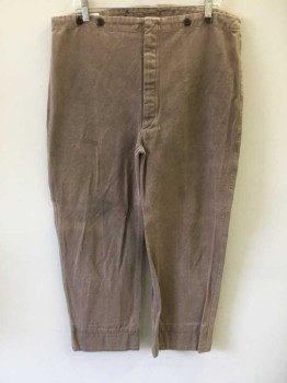 N/L, Beige, Cotton, Solid, Twill, Button Fly, Black Suspender Buttons at Waist, No Pockets, Dusty/Dirty/Aged Appearance Overall, Made To Order Reproduction "Old West" Wear