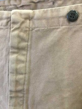 N/L, Beige, Cotton, Solid, Twill, Button Fly, Black Suspender Buttons at Waist, No Pockets, Dusty/Dirty/Aged Appearance Overall, Made To Order Reproduction "Old West" Wear