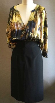 BLACK HALO, Mustard Yellow, Olive Green, Rust Orange, Black, Silk, Wool, Abstract , Painted Silk V-neck Button Front Bodice, 1/2 Sleeve with Elastic Cuffs, Zipper Fly and Tab Waistband, Straight Skirt with Back Slit