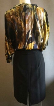 BLACK HALO, Mustard Yellow, Olive Green, Rust Orange, Black, Silk, Wool, Abstract , Painted Silk V-neck Button Front Bodice, 1/2 Sleeve with Elastic Cuffs, Zipper Fly and Tab Waistband, Straight Skirt with Back Slit