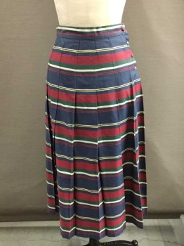 Womens, Skirt, CULLIANE, Maroon Red, Navy Blue, Forest Green, White, Yellow, Cotton, Stripes, 4, Pleated, Hem Mid-calf,  Self Covered Button Closures At Side,