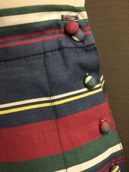 CULLIANE, Maroon Red, Navy Blue, Forest Green, White, Yellow, Cotton, Stripes, Pleated, Hem Mid-calf,  Self Covered Button Closures At Side,