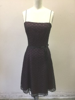 LAUNDRY/SHELLI SEGAL, Black, Magenta Purple, Silk, Acetate, Dots, Geometric, Black Sheer Organza with Black Embroidery and Holes, Overlaid on Top of Magenta Solid Acetate, Spaghetti Strap, A-Line Knee Length Skirt, Black Grosgrain 3/4" Wide Trim at Waist with Bow at Side Front, 2000's