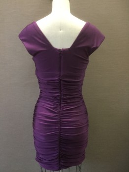Womens, Dress, Sleeveless, ATRIA, Purple, Nylon, Lycra, Solid, S, Crisscross Straps aT Décolletage, Gathered and Draped From Side Seams, Cap Sleeves, Knee Length, Back Zip