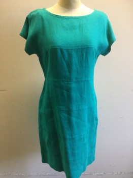Womens, Dress, Short Sleeve, BANANA REPUBLIC, Teal Green, Linen, Solid, 8, Bateau Neck, Cap Sleeves, 4 Buttons Center Back with Zipper, Horizontal Panels With Top Stitching, Knee Length