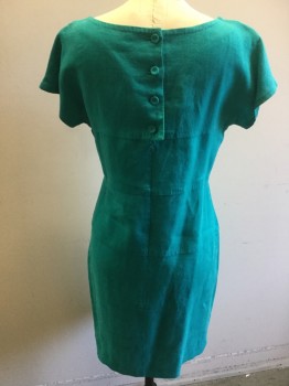 Womens, Dress, Short Sleeve, BANANA REPUBLIC, Teal Green, Linen, Solid, 8, Bateau Neck, Cap Sleeves, 4 Buttons Center Back with Zipper, Horizontal Panels With Top Stitching, Knee Length