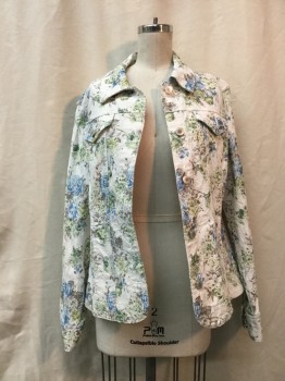 Womens, Jacket, CHARTER CLUB, White, Blue, Gray, Green, Cotton, Polyester, Floral, L, Button Front, Collar Attached, 4 Pockets,
