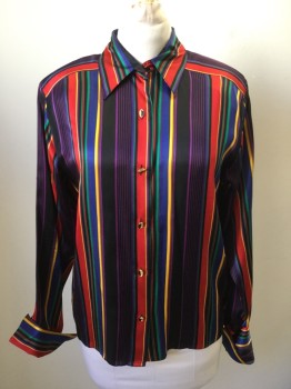 JERRI SHERMAN, Black, Purple, Blue, Green, Red, Silk, Stripes, Gold Button Front, Collar Attached, Long Sleeves, Extended Angular Cuff, 1/2 of Cuff Tacked Back