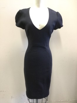 Womens, Dress, Short Sleeve, L'AGENCE, Navy Blue, Nylon, Cotton, Solid, B32, 4, W24, Textured, V-neck, Pleated Short Sleeves, Curved Seams, Zip Back