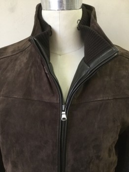 Mens, Leather Jacket, AQUA LEATHER, Espresso Brown, Leather, Solid, M, C: 40, Dark Suede, Zip Front, Rib Knit Collar/cuffs/waist Band, Slit Pockets, Stand Up Collar