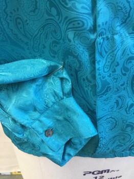 NICOLA, Turquoise Blue, Polyester, Paisley/Swirls, Folded Over Collar Attached, 2 Large Pleat Front Center, 5 Buttons  Back - Pullover, Shoulder Pads, Long Sleeves,