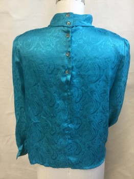 NICOLA, Turquoise Blue, Polyester, Paisley/Swirls, Folded Over Collar Attached, 2 Large Pleat Front Center, 5 Buttons  Back - Pullover, Shoulder Pads, Long Sleeves,