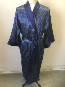 Mens, Bathrobe, CLAIBORNE, Navy Blue, Blue, White, Polyester, Geometric, L/XLT, Navy with Small Blue and White Squares and Diamonds Pattern Satin, Long Sleeves, Solid Navy Shawl Lapel & Cuffs, 3 Patch Pockets, Self Sash Belt Ties Attached at Center Back Waist