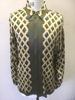 SETA PER UOMO, Multi-color, Olive Green, Beige, Navy Blue, Brown, Silk, Geometric, Abstract , Abstract Diamonds Pattern, Satin, Long Sleeve Button Front, Collar Attached,