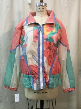 EAST WEST , Sea Foam Green, Coral Pink, French Blue, Yellow, Gray, Nylon, Color Blocking, Abstract , Zip Front, Elastic Waist