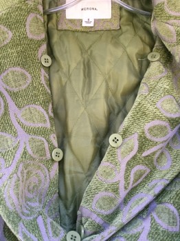 MERONA, Lime Green, Gray, Polyester, Rayon, Floral, Lime Diamond Quilt Lining, 3/4 Length, Notched Lapel, Single Breasted, 3 Cover Button Front, 2 Pockets, Long Sleeves,