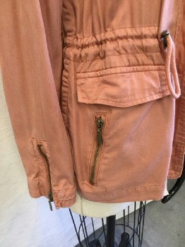 Womens, Casual Jacket, MAX JEANS, Salmon Pink, Tencel, Solid, S, Self Quilt Collar Attached, Zip Front, Epaulettes, 4 Pockets with Zipper, 2 Pockets with Flap, D-string Waist, Long Sleeves with Matching Zipper
