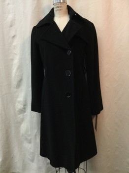 ELLEN TRACY, Black, Wool, Angora, Solid, Black, Button Front, Notched Lapel, Collar Attached, 2 Pockets, Missing Belt