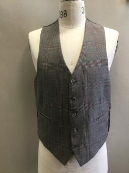 Mens, 1970s Vintage, Suit, Vest, N/L, Gray, Black, Red, Wool, Plaid, 40, V-neck, 5 Buttons, Lining Back