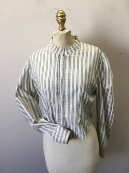 MTO, White, Black, Cotton, Stripes, . Day Blouse. Vertical Stripe Cotton. Collar Band, Button Front, Pleated at Front, Long Sleeves, ( Biro Marking on Left Front Shoulder), Dirty at Neckline. Low Back Waist with Inverted Pleat Detail for Peplum,