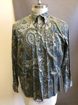 TOMMY HILFIGER, Taupe, Teal Blue, Olive Green, Dk Brown, Lt Gray, Cotton, Paisley/Swirls, Double, Long Sleeves, Button Front, Collar Attached, 1 Pocket, Button Down Collar