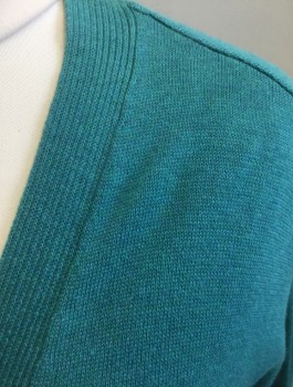 WORTHINGTON, Teal Green, Cotton, Polyester, Solid, Knit, Long Sleeves, Open at Center Front with No Closures, Below Hip Length