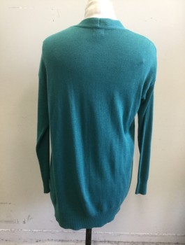 WORTHINGTON, Teal Green, Cotton, Polyester, Solid, Knit, Long Sleeves, Open at Center Front with No Closures, Below Hip Length