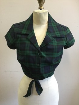 Womens, Top, SYRUP, Kelly Green, Navy Blue, Black, Polyester, Rayon, Plaid, S, Tie Front Crop Top, Button Front, Collar Attached, Notched Lapel, Short Sleeves