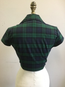 SYRUP, Kelly Green, Navy Blue, Black, Polyester, Rayon, Plaid, Tie Front Crop Top, Button Front, Collar Attached, Notched Lapel, Short Sleeves