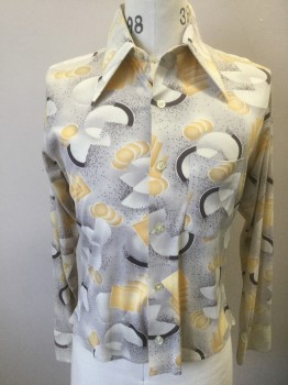 HE MAN SHOPS, Lt Gray, Yellow, Dk Brown, Taupe, Nylon, Geometric, Abstract , Light Gray with Marigold Yellow/Dark Brown/Taupe/Ecru Abstract Shapes/Dots, Long Sleeve Button Front, Exaggerated Long Collar Attached, 1 Pocket, Disco Qiana Shirt,