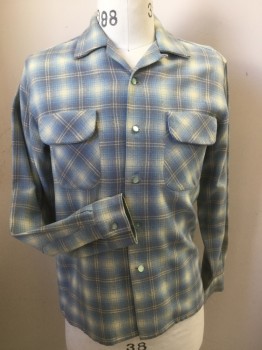 N/L, Ivory White, Lt Gray, Lt Blue, Wool, Plaid, Button Front, 2 Pockets, Long Sleeves, Little Moth Eaten and Tear on Back