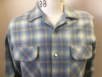 Mens, Shirt, N/L, Ivory White, Lt Gray, Lt Blue, Wool, Plaid, 14, S, Button Front, 2 Pockets, Long Sleeves, Little Moth Eaten and Tear on Back