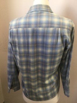 N/L, Ivory White, Lt Gray, Lt Blue, Wool, Plaid, Button Front, 2 Pockets, Long Sleeves, Little Moth Eaten and Tear on Back