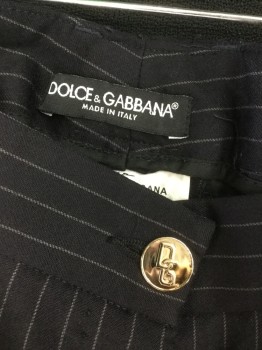 DOLCE & GABBANA, Navy Blue, Lt Gray, Wool, Stripes - Pin, Flat Front, 4 Faux Welt Pockets, Belt Loops, Gold 'DG' Button