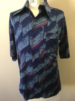 Mens, Shirt Disco, SEARS, Navy Blue, Lt Blue, Red, Green, Purple, Polyester, Novelty Pattern, L, Peaked Collar, Short Sleeves, Button Front, Bubbles/ Flowers/Rainbow Print